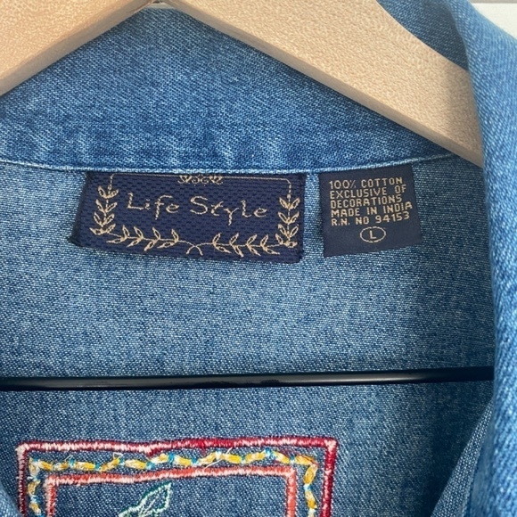 Life Style Y2K Embroidered Patchwork Denim Jean Button Down Shacket Jacket Shirt - Picture 7 of 10
